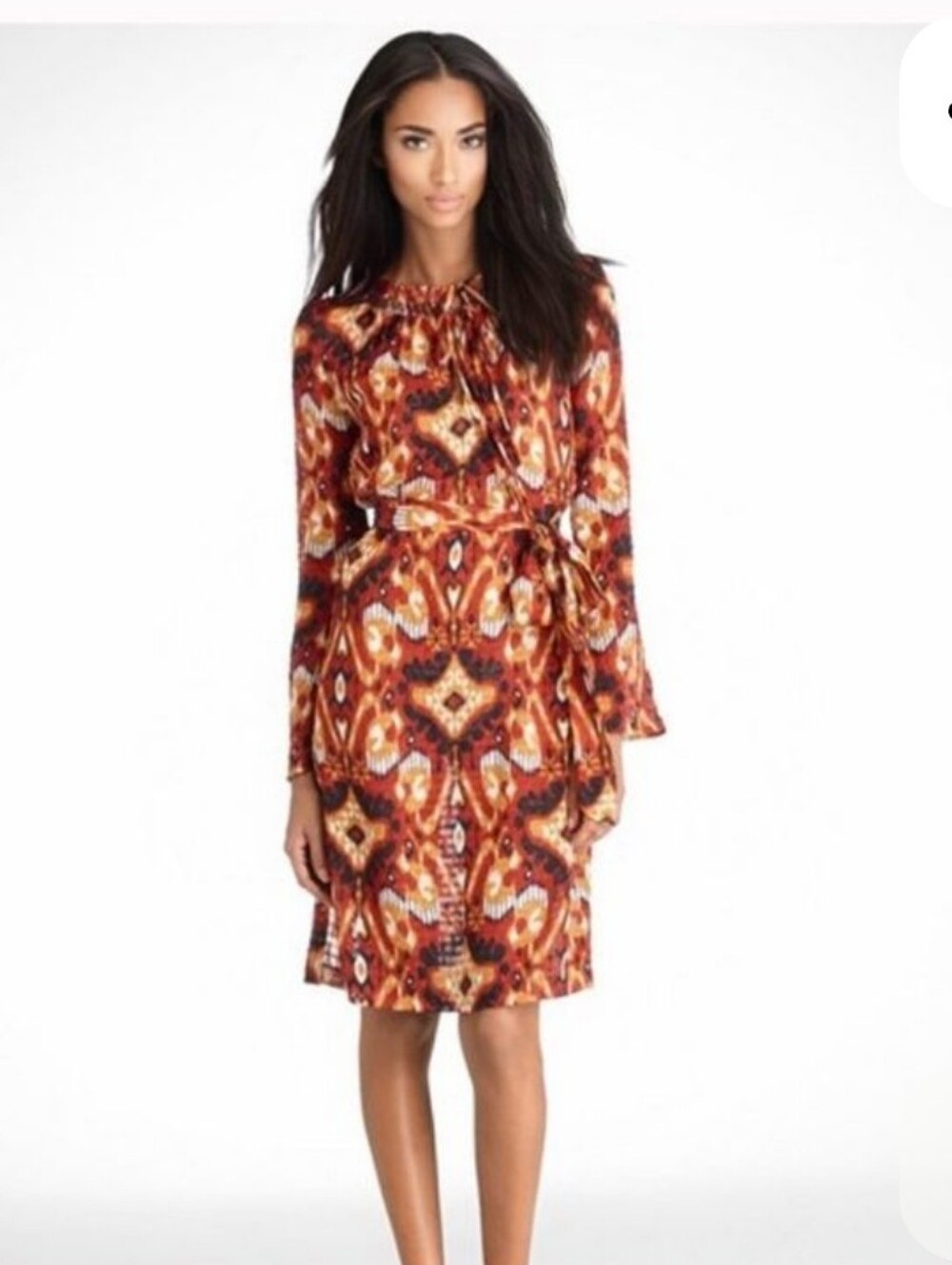 Tory Burch Long-Sleeve Tie-Waist Printed Shift Dress in Rust-Navy  Multi Sz 10